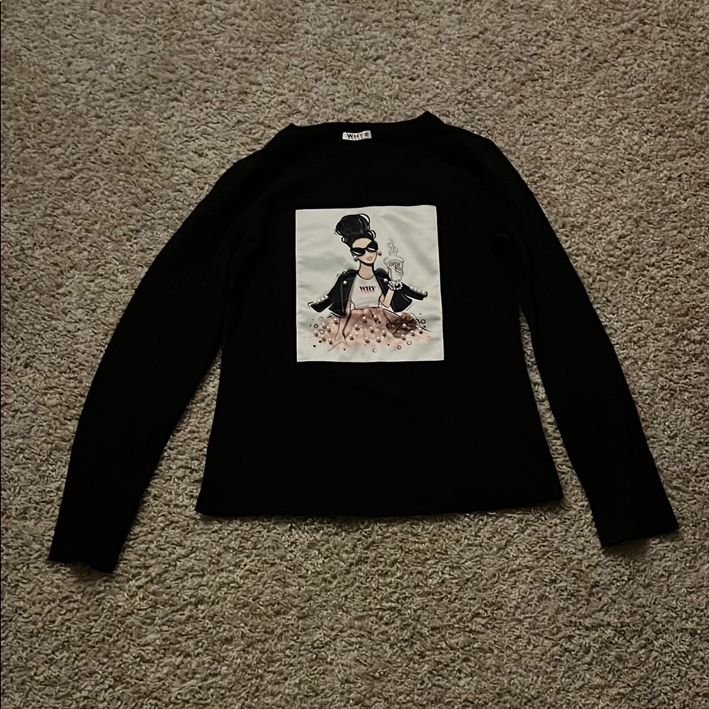 Maje Black and White Graphic Fitted Long Sleeve Tee